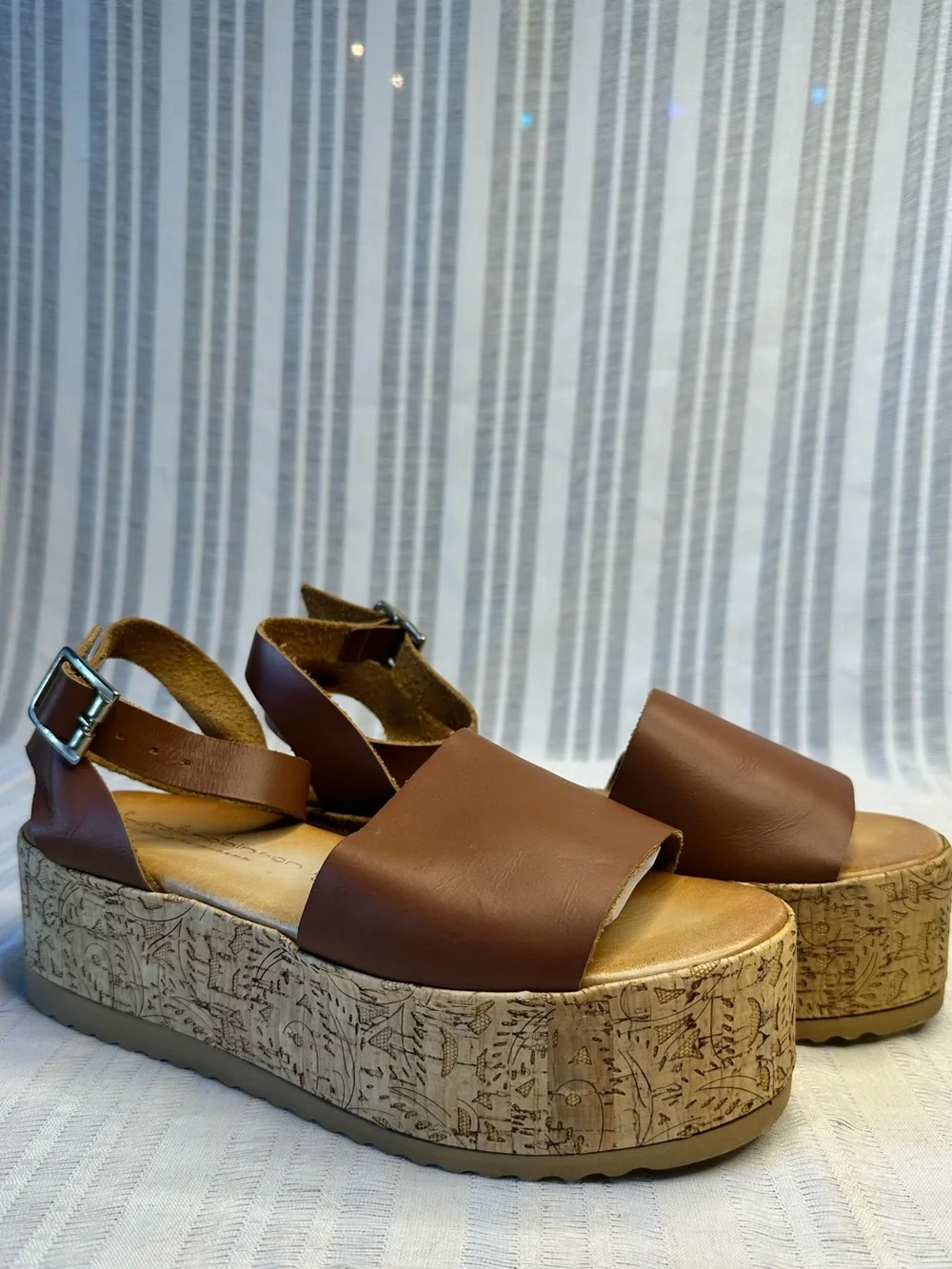 European Leather Embossed Cork Platform Sandals